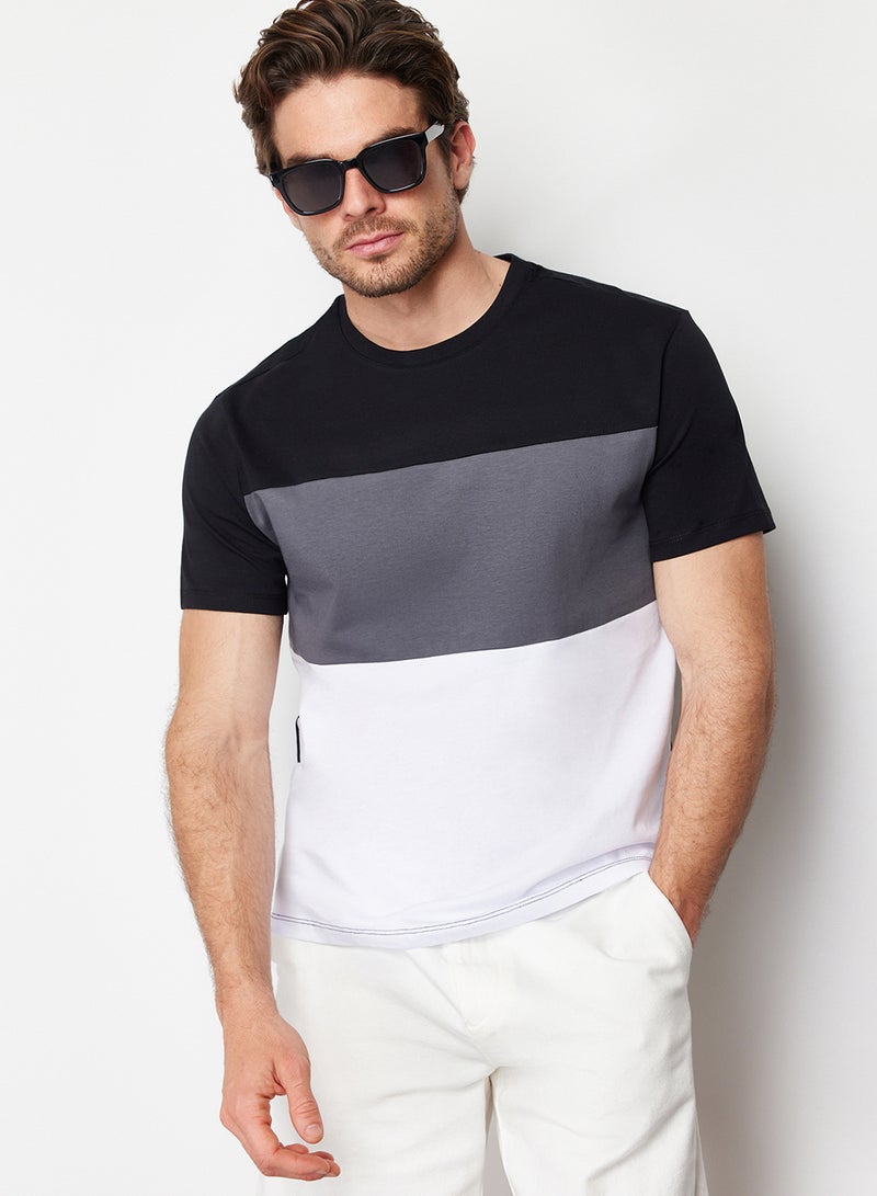trendyol Color Blocked Black Cotton T-Shirt - Regular Fit TMNSS24TS00076 - Image 1