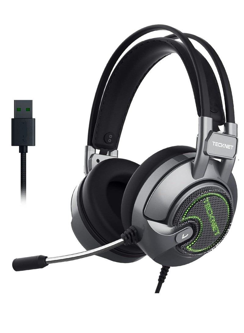 TECKNET EGH01928 Gaming Headset USB 7.1 Surround Sound -RGB Luminous – 50mm Drivers – Noise Canceling Mic- For PC & PS4 with (Software )| Gray - Image 1