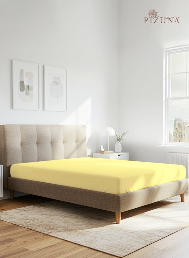 Pizuna Pure Combed Cotton Fitted Bedsheet Queen Size 160x200 cm Mellow Yellow, 400 Thread Count Cool Luxury Soft 100% Long Staple Cotton Sateen Weave, 40cm Deep Pocket Sheet (Fitted Sheet -1PC) - Image 1