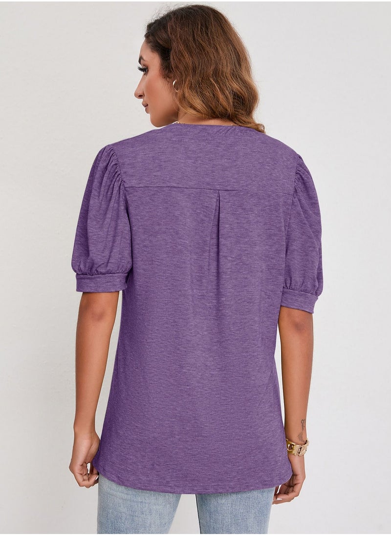 Generic Casual V-neck solid sleeve loose shirt Purple  - Image 2