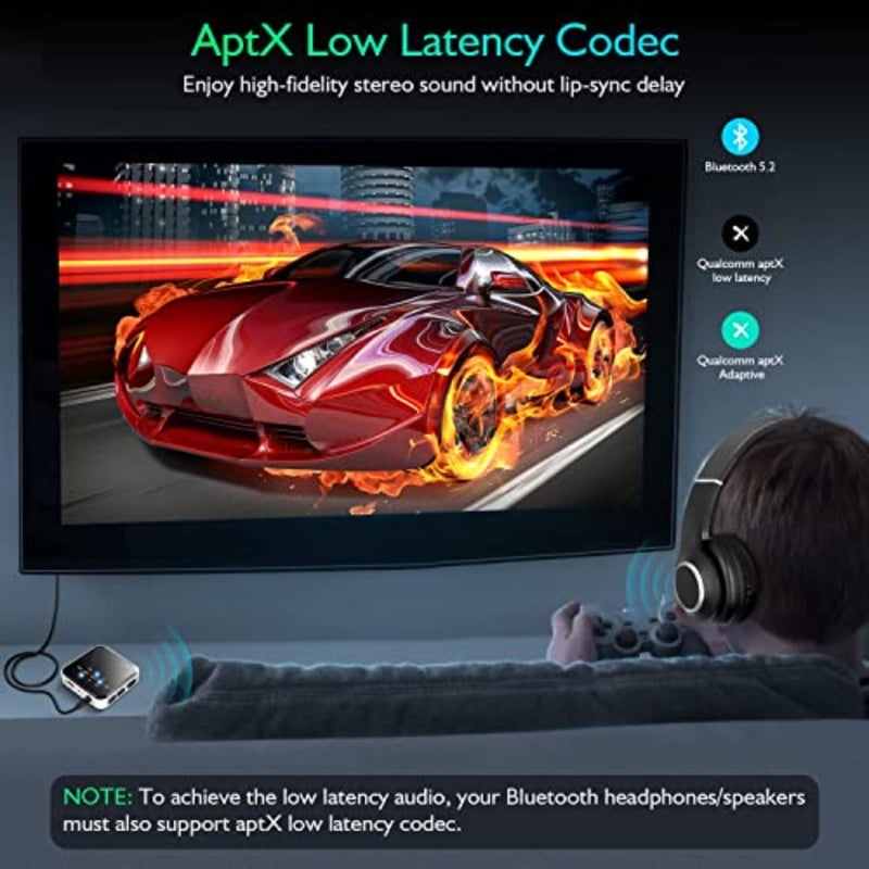 مستقبل إرسال بلوتوث 5.2 للتلفزيون إلى سماعات الرأس/مكبرات الصوت اللاسلكية، APTX Adaptive/HD/Low Latency Wireless 3.5mm AUX محول الصوت للكمبيوتر الشخصي، السيارة، صالة الألعاب الرياضية، نظام ستيريو منزلي، وقت تشغيل 15 ساعة، وصلة مزدوجة - Image 3