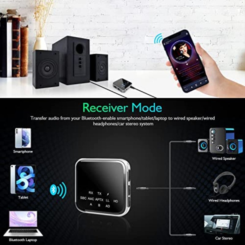 مستقبل إرسال بلوتوث 5.2 للتلفزيون إلى سماعات الرأس/مكبرات الصوت اللاسلكية، APTX Adaptive/HD/Low Latency Wireless 3.5mm AUX محول الصوت للكمبيوتر الشخصي، السيارة، صالة الألعاب الرياضية، نظام ستيريو منزلي، وقت تشغيل 15 ساعة، وصلة مزدوجة - Image 5