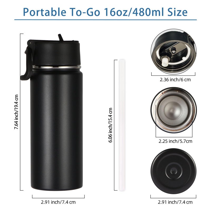 Volhoply Kids Insulated Water Bottle with Straw,16oz Stainless Steel Cold Water Bottles for School,BPA-Free Metal Wide Mouth Cups with Handle Lid,Reusable Double Wall Vacuum Sport Flask(Black,1) - Image 2