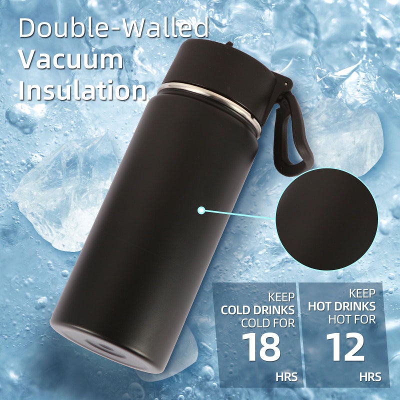 Volhoply Kids Insulated Water Bottle with Straw,16oz Stainless Steel Cold Water Bottles for School,BPA-Free Metal Wide Mouth Cups with Handle Lid,Reusable Double Wall Vacuum Sport Flask(Black,1) - Image 3
