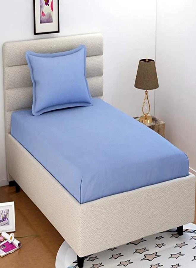 Maysha 300 TC Glace Cotton Satin Elastic Fitted Solid Single Bedsheet with One Pillow Covers for Home, Hotels and Guest House,Sky Blue - Image 2