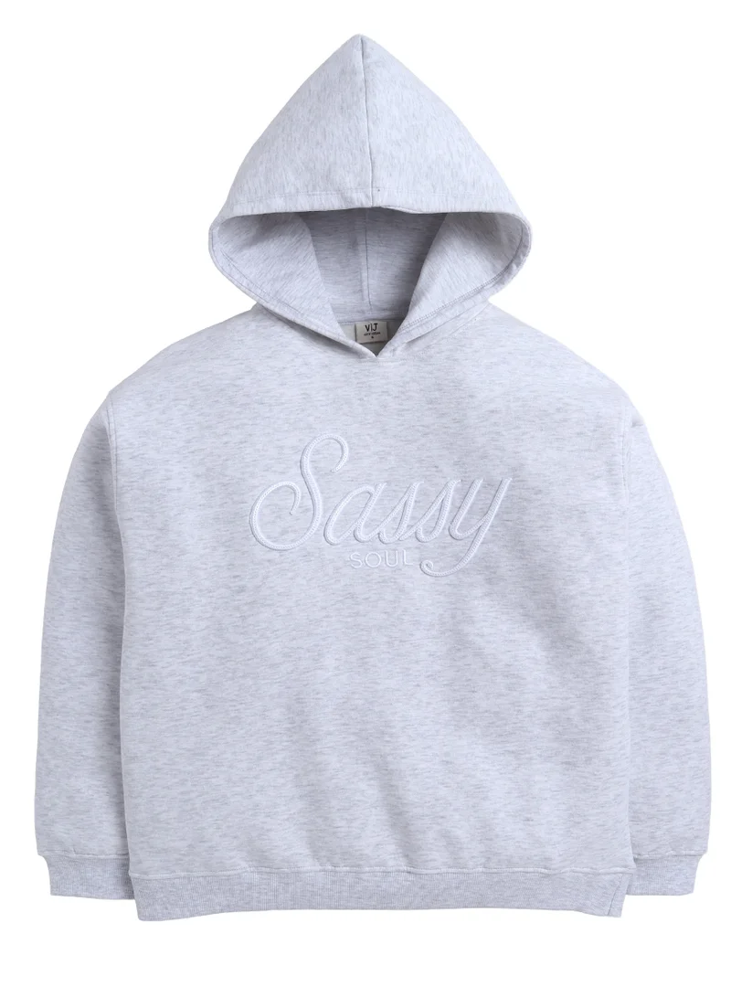 victor and jane “Sassy Soul” Girls' Graphic Hoodie – Heather Grey | 100% Cotton Fleece |