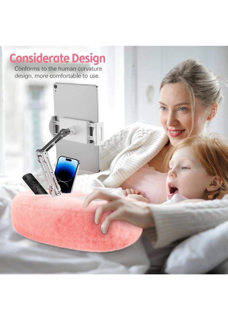 XiuWoo - Adjustable Tablet Pillow Stand Holder with 2 Snack Bowls, Phone  Stand Pillow, for Lap Bed Sofa Chair, With 360 °rotating pull clip and 180 °foldable arm,Compatible with 4.7-13inch Tablet, iPad, iPhone, Google, Samsung, Kindle,Pink - Image 1