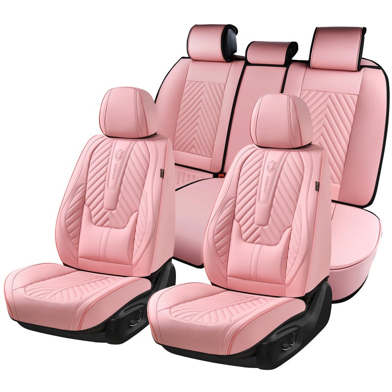 Coverado Seat Covers Full Set, Luxury Leather Pink Car Seat Covers for Car with Lumbar Support, Automotive Seat Covers Waterproof Car Seat Protector Universal Fit for Most Cars SUV Truck - Image 1