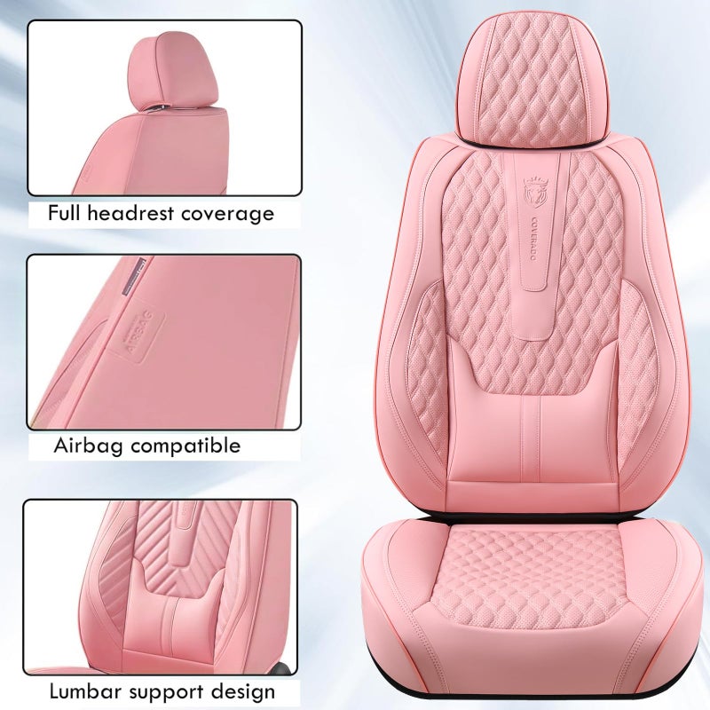 Coverado Seat Covers Full Set, Luxury Leather Pink Car Seat Covers for Car with Lumbar Support, Automotive Seat Covers Waterproof Car Seat Protector Universal Fit for Most Cars SUV Truck - Image 3
