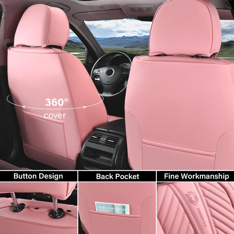 Coverado Seat Covers Full Set, Luxury Leather Pink Car Seat Covers for Car with Lumbar Support, Automotive Seat Covers Waterproof Car Seat Protector Universal Fit for Most Cars SUV Truck - Image 4