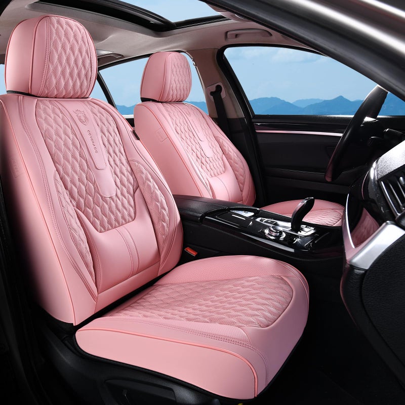 Coverado Seat Covers Full Set, Luxury Leather Pink Car Seat Covers for Car with Lumbar Support, Automotive Seat Covers Waterproof Car Seat Protector Universal Fit for Most Cars SUV Truck - Image 2