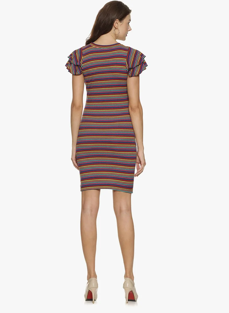 PINACOLADA Women's Multicolour Rainbow Mini Dress For Casual Wear | Round Neck | Flared Sleeves | Pull On Closure | Dress Designed With Comfortable Fit For Woman & Girls