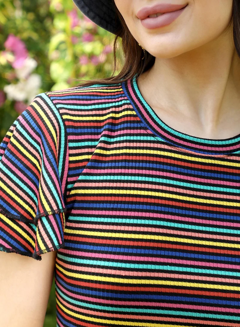 PINACOLADA Women's Multicolour Rainbow Mini Dress For Casual Wear | Round Neck | Flared Sleeves | Pull On Closure | Dress Designed With Comfortable Fit For Woman & Girls
