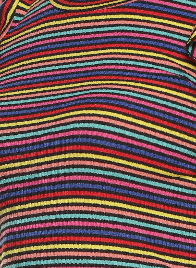 PINACOLADA Women's Multicolour Rainbow Mini Dress For Casual Wear | Round Neck | Flared Sleeves | Pull On Closure | Dress Designed With Comfortable Fit For Woman & Girls