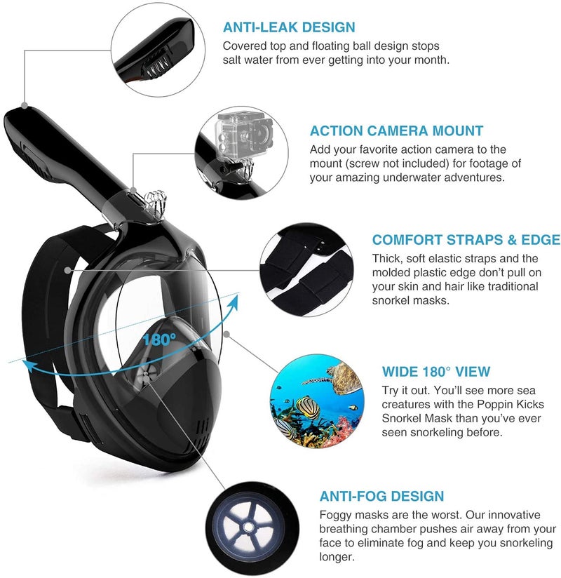 TRAY Snorkel Mask with Latest Dry Top Breathing System,Fold 180 Degree Panoramic View Full Face Snorkel Mask Anti-Fog Anti-Leak with Camera Mount,Snorkeling Gear for Adults Kids (Black, L/XL) - Image 2