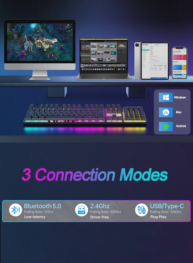 لوحة مفاتيح ميكانيكية لاسلكية ثلاثية الوضع (2.4G/بلوتوث/USB-C) - 104 مفتاح بإضاءة RGB - مفاتيح حمراء قابلة للتبديل السريع، تقنية N-Key Rollover، غطاء قابل للتخصيص وأغطية مفاتيح من مادة ABS