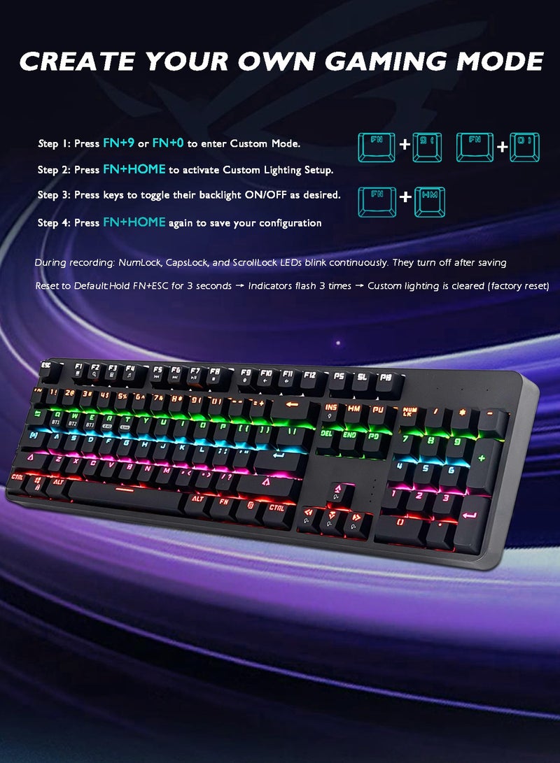 لوحة مفاتيح ميكانيكية لاسلكية ثلاثية الوضع (2.4G/بلوتوث/USB-C) - 104 مفتاح بإضاءة RGB - مفاتيح حمراء قابلة للتبديل السريع، تقنية N-Key Rollover، غطاء قابل للتخصيص وأغطية مفاتيح من مادة ABS