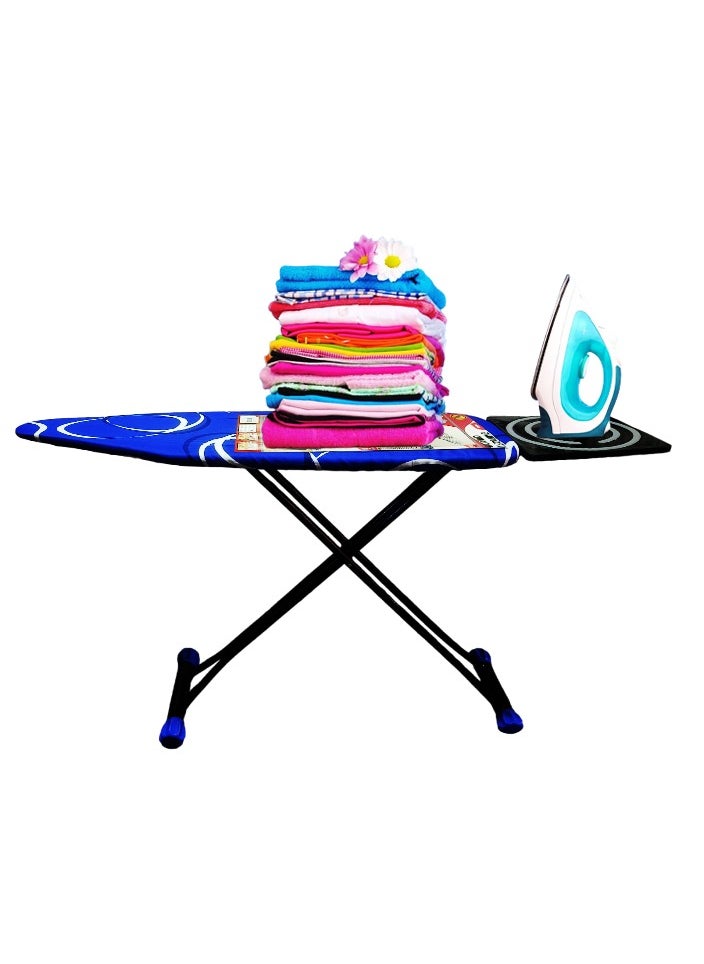 Heat-Resistant Ironing Board with Steam Iron Rest, Non-Slip Foldable Stand, Adjustable Height, Sturdy Black Metal Frame, Vibrant Blue Cover with White Circular Patterns, Space-Saving Modern Design,129x90x33cm