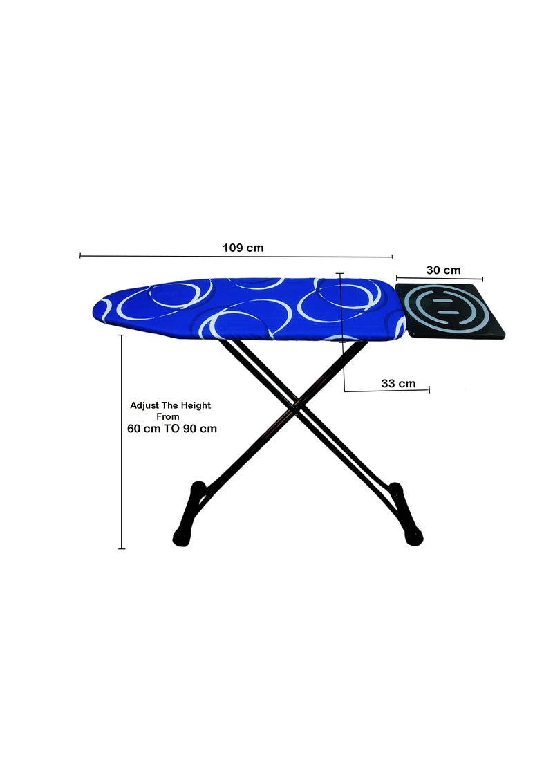 Heat-Resistant Ironing Board with Steam Iron Rest, Non-Slip Foldable Stand, Adjustable Height, Sturdy Black Metal Frame, Vibrant Blue Cover with White Circular Patterns, Space-Saving Modern Design,129x90x33cm