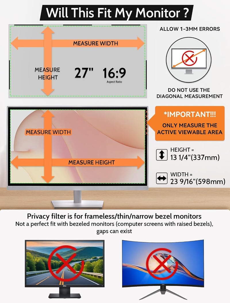 Mamol [2 Pack] 27 Inch 16:9 Magnetic Privacy Screen for Monitor Anti-Glare, Blue Light Filter, Anti-Spy Reusable Removable Privacy Filter for 16:9 Widescreen Desktop Display - Image 2