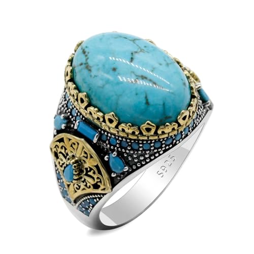 LovePlus Vintage Men's Turquoise Ring -925 Sterling Silver Vintage Turquoise Wedding Jewelry Ring - Turkiye Style (10, light blue) - Image 1