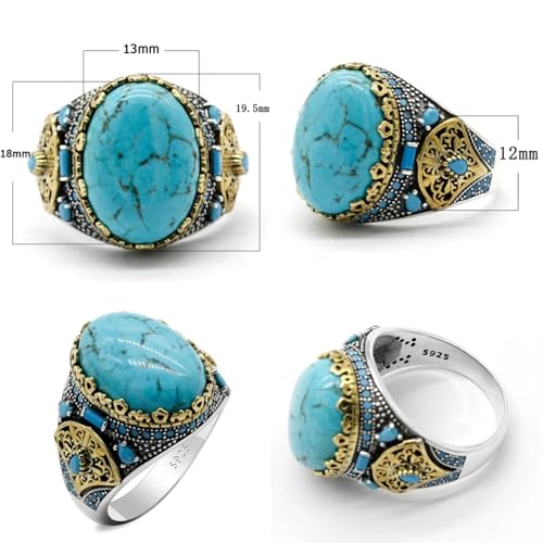 LovePlus Vintage Men's Turquoise Ring -925 Sterling Silver Vintage Turquoise Wedding Jewelry Ring - Turkiye Style (10, light blue) - Image 4