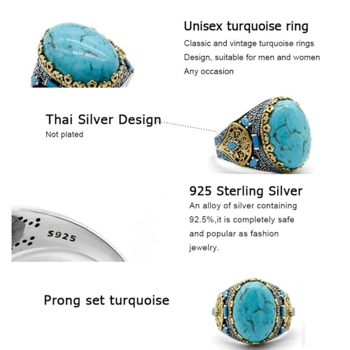LovePlus Vintage Men's Turquoise Ring -925 Sterling Silver Vintage Turquoise Wedding Jewelry Ring - Turkiye Style (10, light blue) - Image 5