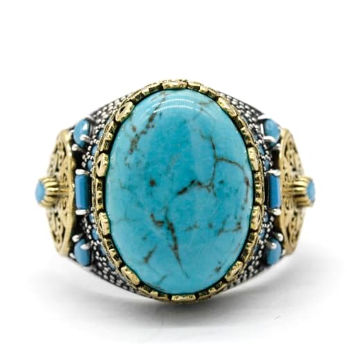 LovePlus Vintage Men's Turquoise Ring -925 Sterling Silver Vintage Turquoise Wedding Jewelry Ring - Turkiye Style (10, light blue) - Image 3
