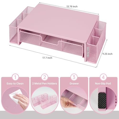 Qupui Computer Monitor Stand Riser with Drawer and Pen Holders, Desk Organizer Shelf and Accessories, Office Desk Accessories, Office Organization, Pink - Image 2