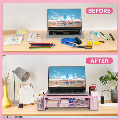 Qupui Computer Monitor Stand Riser with Drawer and Pen Holders, Desk Organizer Shelf and Accessories, Office Desk Accessories, Office Organization, Pink - Image 3
