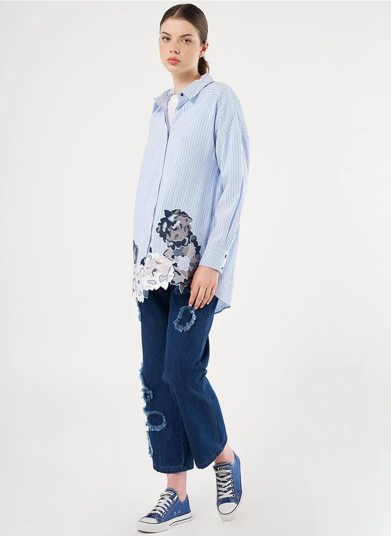Kayra Embroidered Appliqué Striped Pattern Tunic Blue