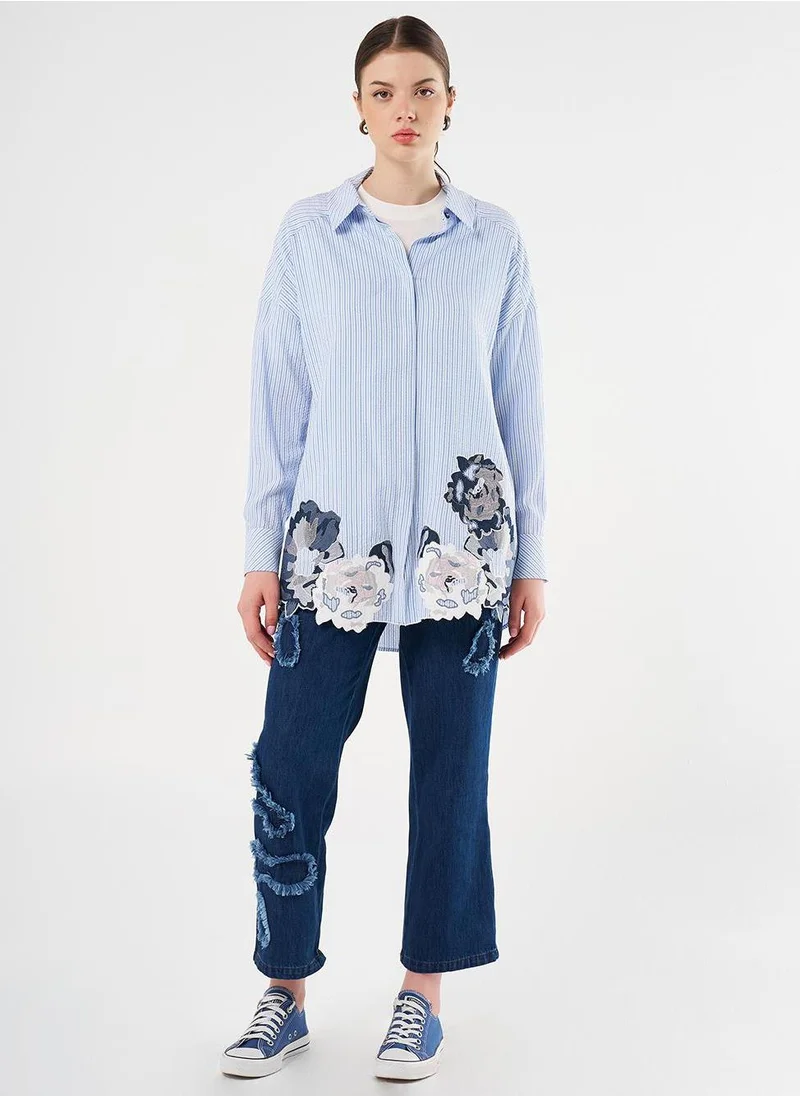 Kayra Embroidered Appliqué Striped Pattern Tunic Blue