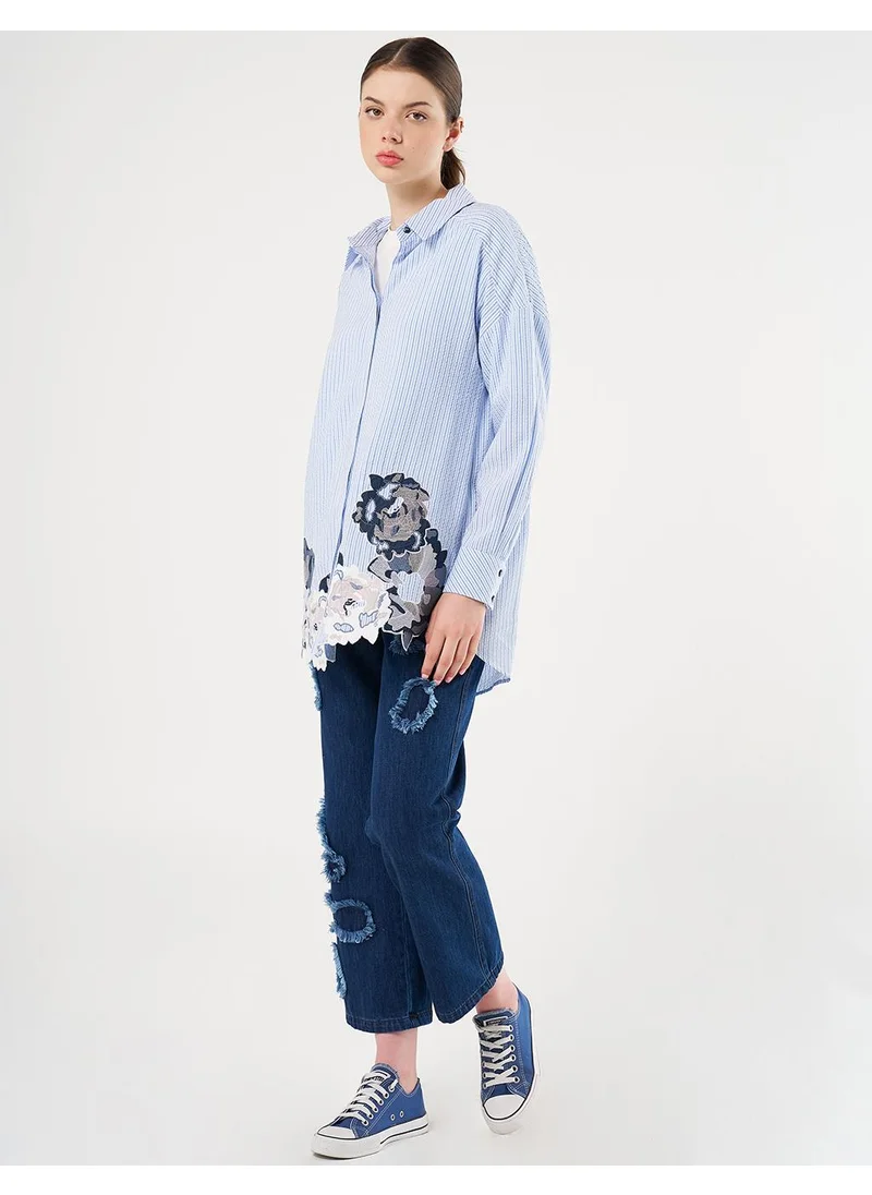 Kayra Embroidered Appliqué Striped Pattern Tunic Blue