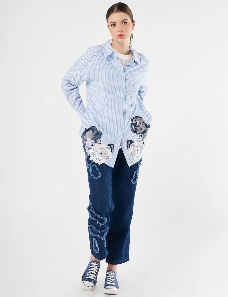 Kayra Embroidered Appliqué Striped Pattern Tunic Blue