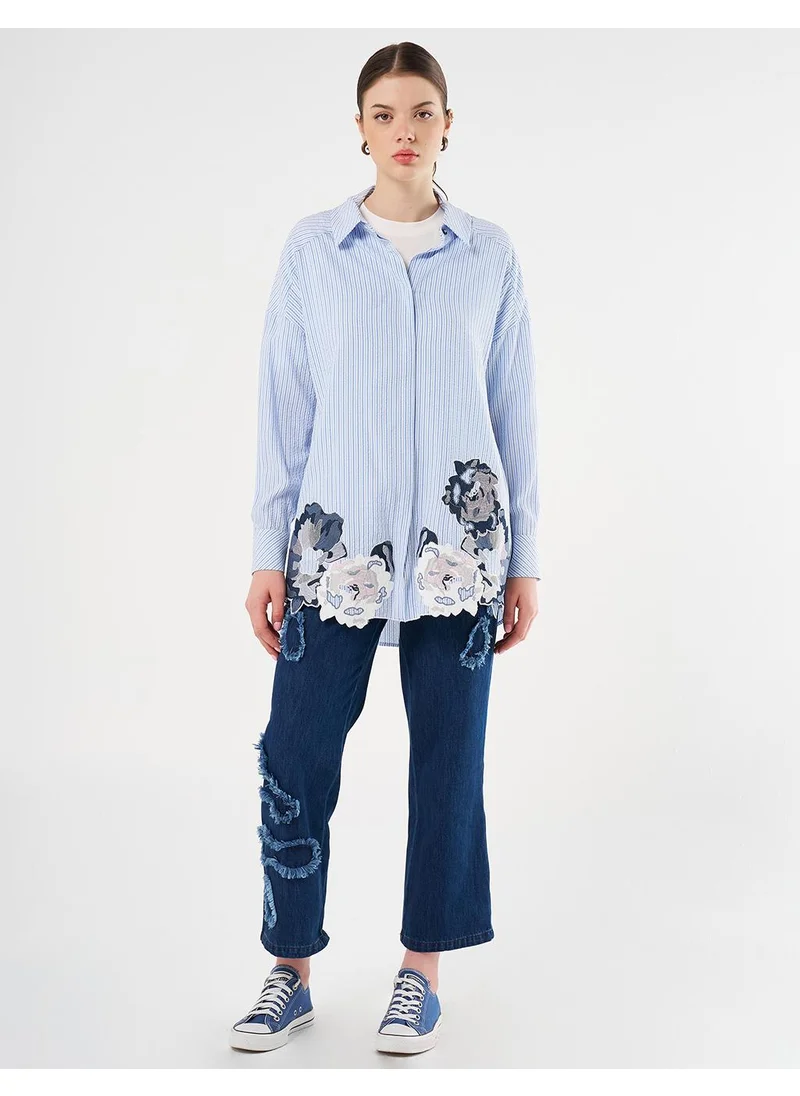 Kayra Embroidered Appliqué Striped Pattern Tunic Blue
