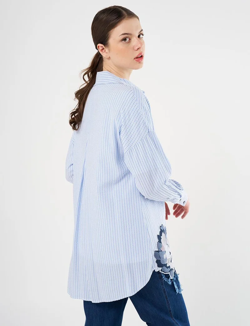 Kayra Embroidered Appliqué Striped Pattern Tunic Blue