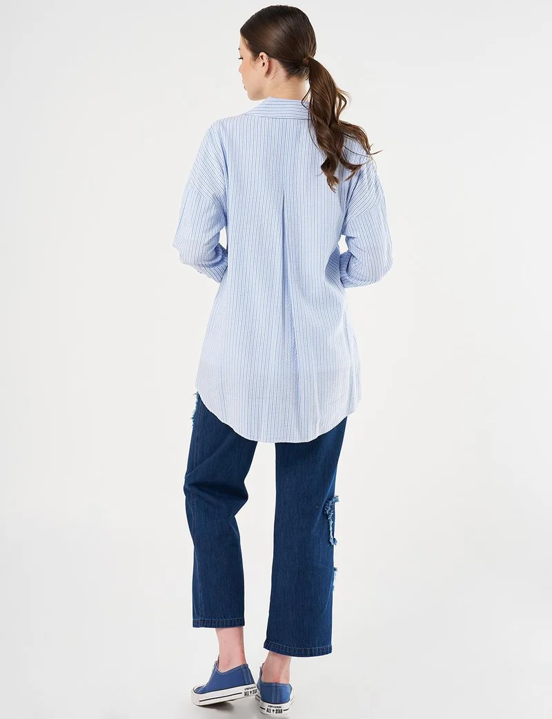 Kayra Embroidered Appliqué Striped Pattern Tunic Blue