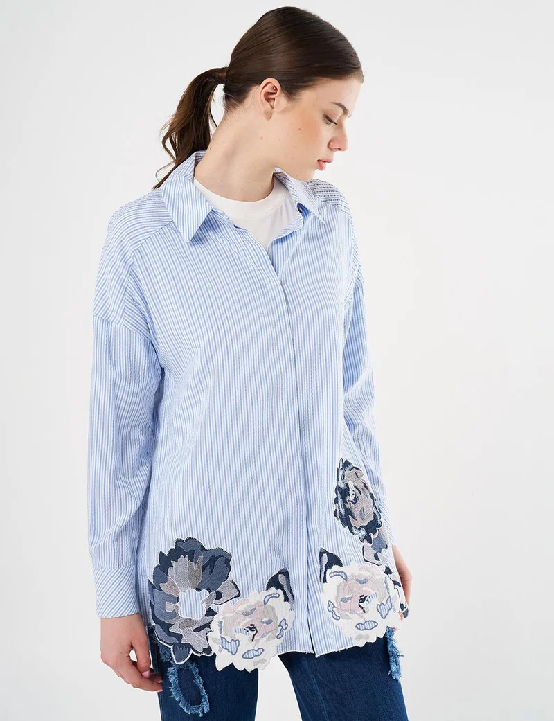 Kayra Embroidered Appliqué Striped Pattern Tunic Blue