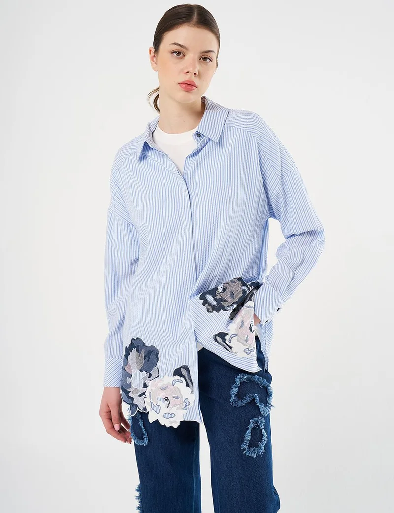 Kayra Embroidered Appliqué Striped Pattern Tunic Blue