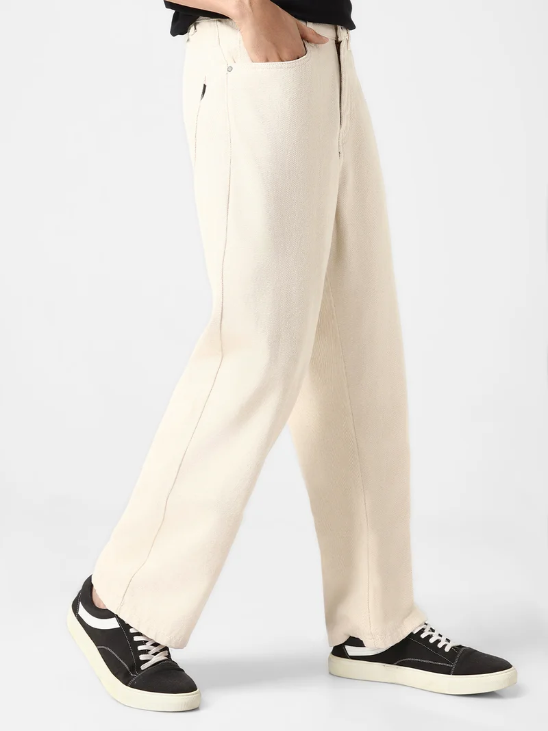 Urbano Fashion Men's Off White Loose Baggy Fit Washed Jeans Non-Stretchable