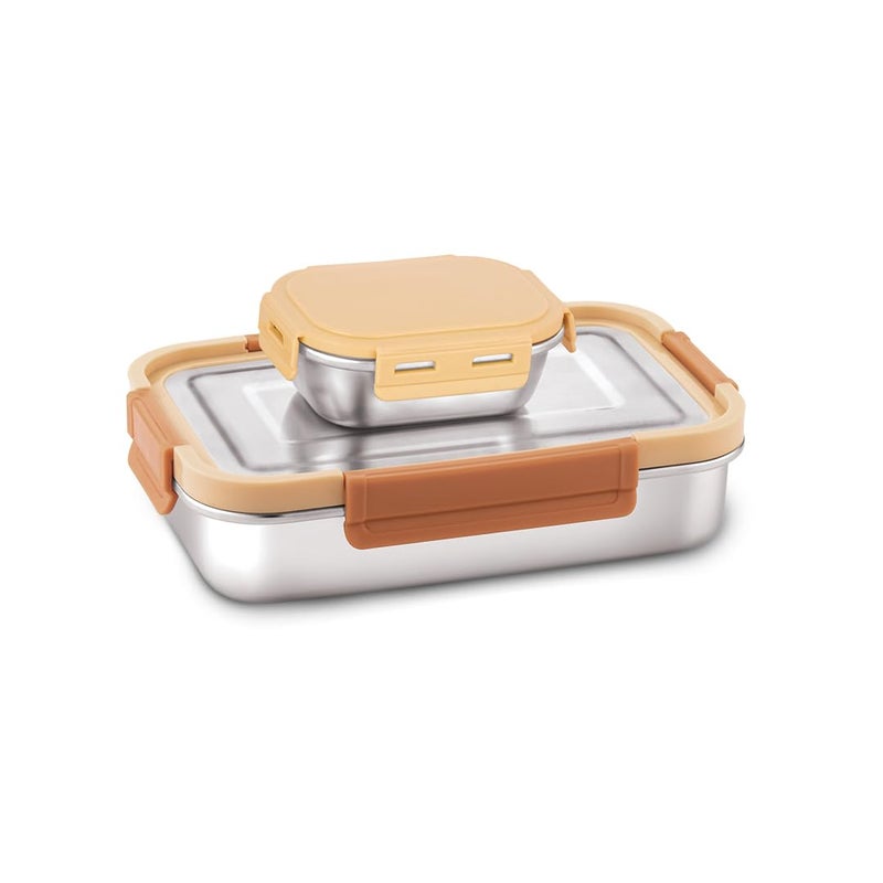 WARMEO DELTIN Stainless Steel Airtight Leak-Proof Lunch Box,Light Weight, Easy to Clean, Perfect for Office, School, Picnic & Travelling, Combo(800ml+150ml) Cream Beige - Image 5