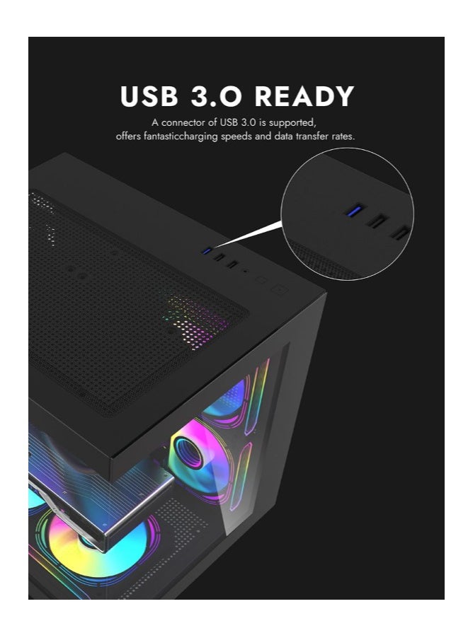 DarkFlash Aigo Darkflash D275M M-ATX Gaming PC Case with 3 Pre-Installed ARGB Fans, 270 Degree Panoramic View Design, Supports up to 240MM Radiator, USB 3.0, 5 Expansion Slots Gaming Case  - Image 5