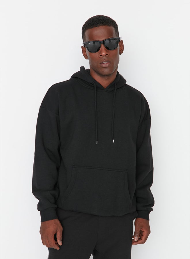 trendyol Black Oversize/Wide Cut Hooded Fleece Inside/Warm Floral Printed Sweatshirt - Image 2