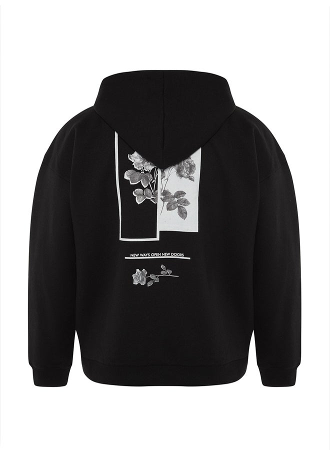 trendyol Black Oversize/Wide Cut Hooded Fleece Inside/Warm Floral Printed Sweatshirt - Image 5