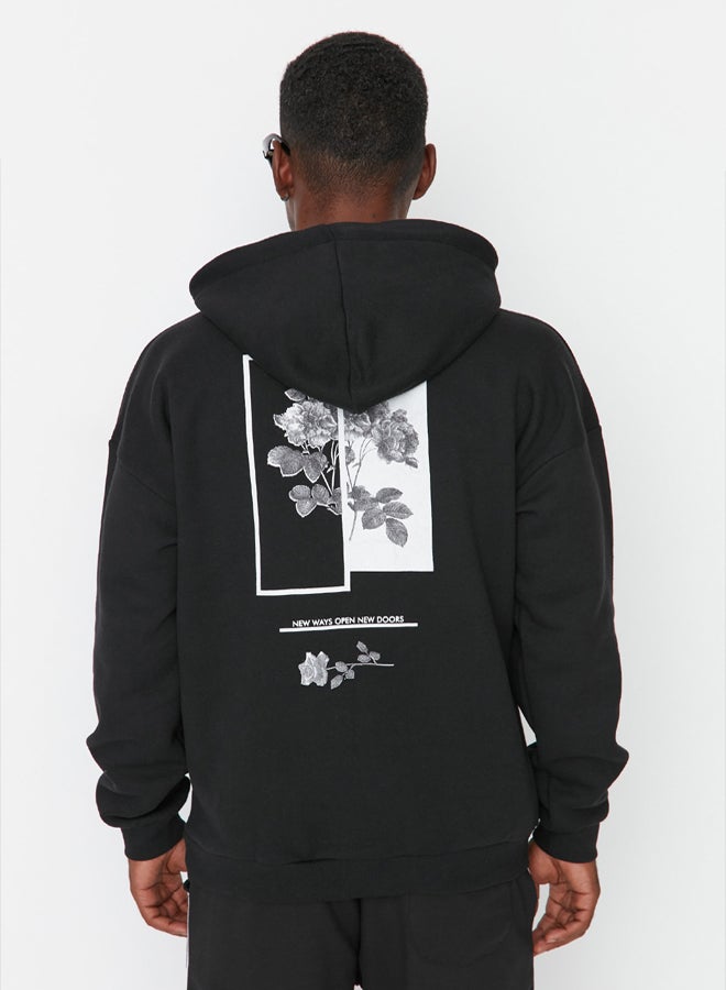 trendyol Black Oversize/Wide Cut Hooded Fleece Inside/Warm Floral Printed Sweatshirt - Image 1