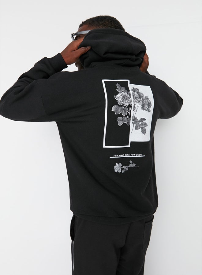 trendyol Black Oversize/Wide Cut Hooded Fleece Inside/Warm Floral Printed Sweatshirt - Image 3