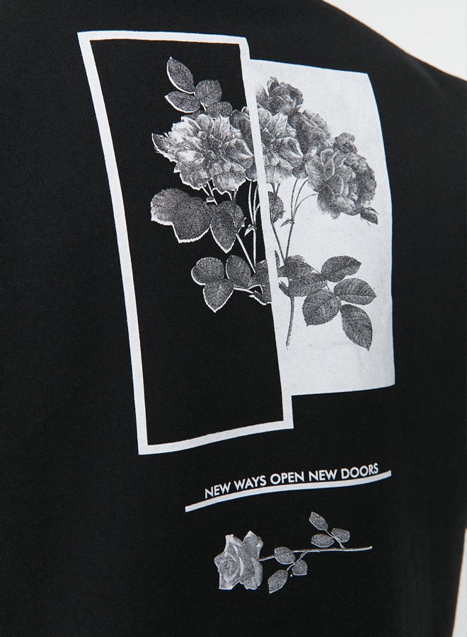 trendyol Black Oversize/Wide Cut Hooded Fleece Inside/Warm Floral Printed Sweatshirt - Image 4