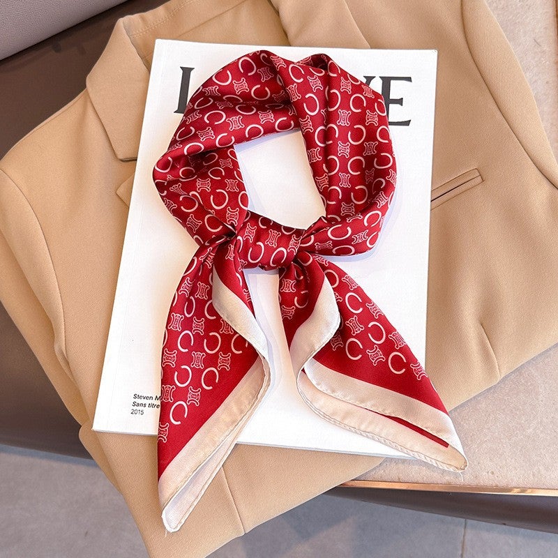وشاح حرير نسائي مزاج صغير مربع زخرفي 70 احترافي صغير مربع أسلوب كوري جديد خريف وشتاء دافئ وشاح أسلوب فرنسي حزام شعر W-70-1-cc أحمر - Image 1
