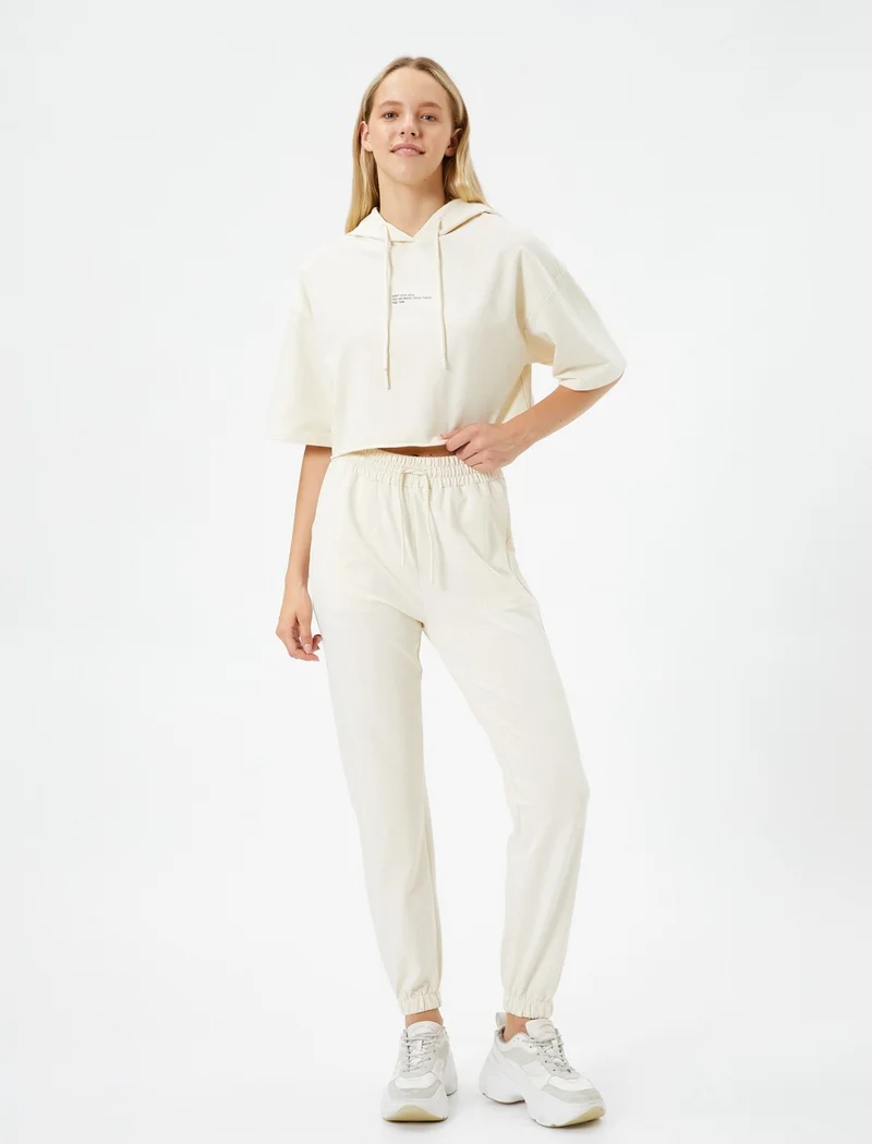 كوتون Crop T-Shirt Hooded Short Sleeve Slogan Printed Cotton