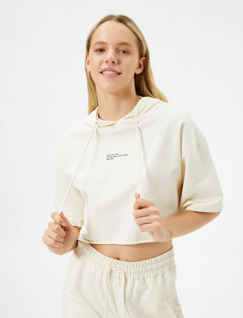 كوتون Crop T-Shirt Hooded Short Sleeve Slogan Printed Cotton
